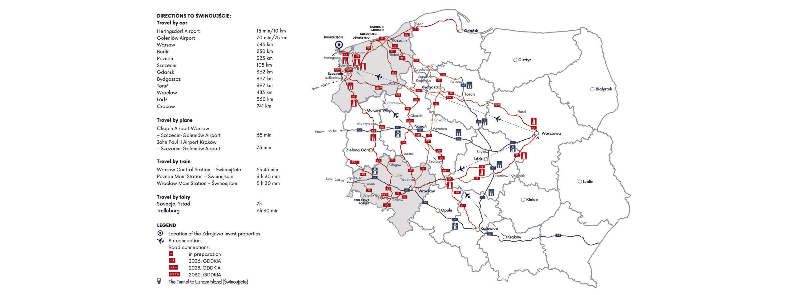 Mapa Polski z dojazdem nad morze i Lokalizacja Baltic Park Grand Residences na mapie Świnoujścia – ul. Uzdrowiskowa 70